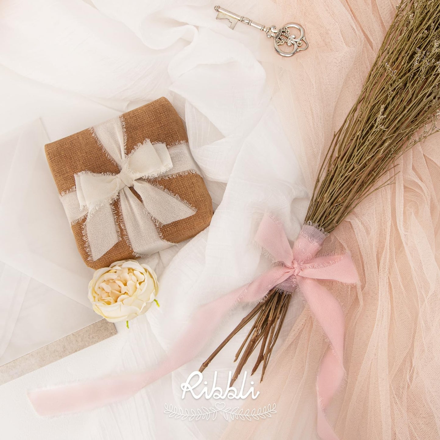 Ribbli Pink Ribbon 1 Inch x 3 Rolls Total 24 Yards Cream/Blush Pink/Rose Gold Handmade Fringe Chiffon Silk Ribbon for Wrapping Wedding Invitations Bridal Bouquets DIY Crafts Home Decor