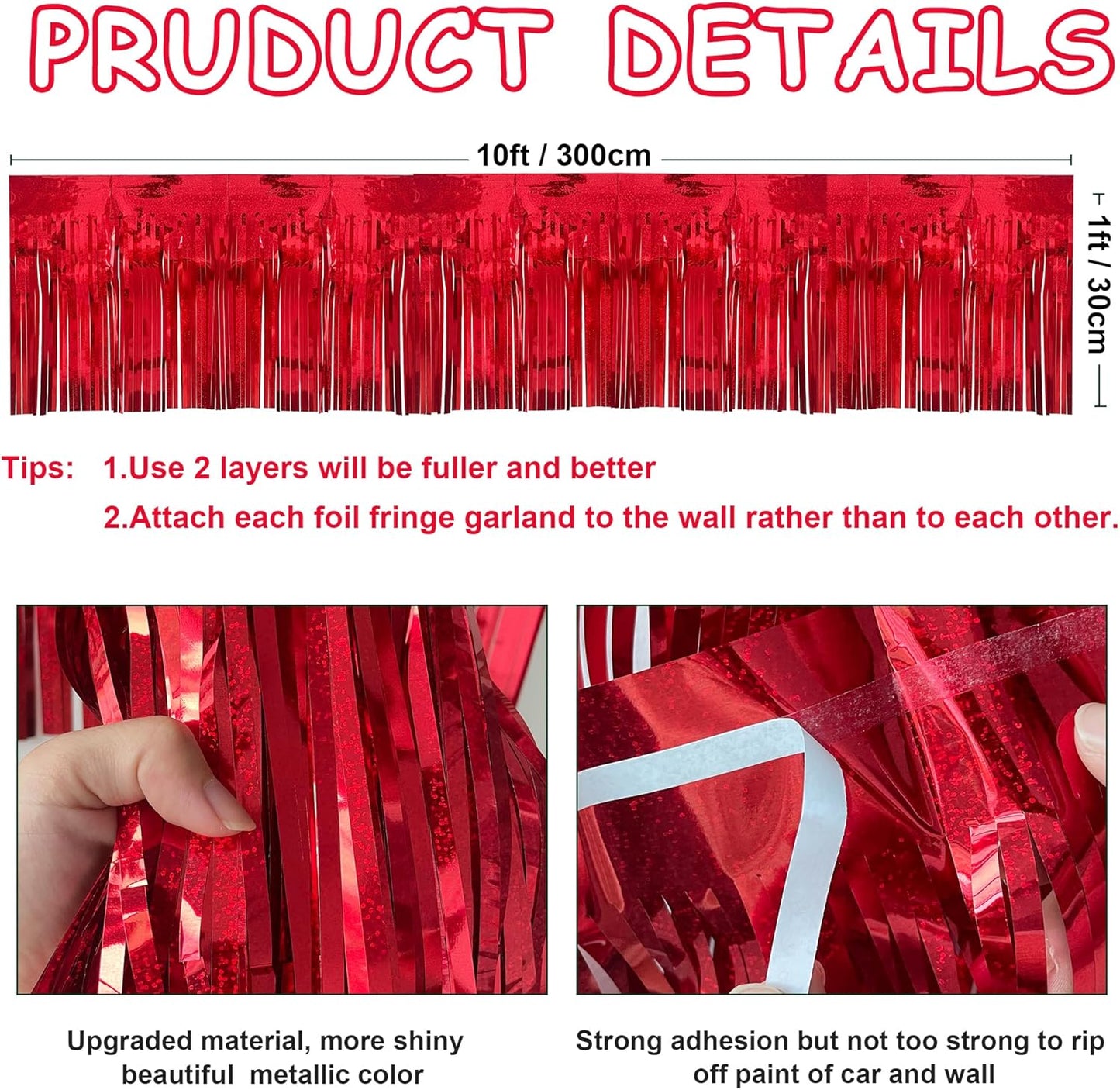 4 Pack 10 Feet Glitter Red Parade Float Decorations for Trailer Car, Glitter Foil Fringe Metallic Tinsel Streamers Banner Garland for Graduation Weeding Homecoming Birthday Party (Glitter- Red)