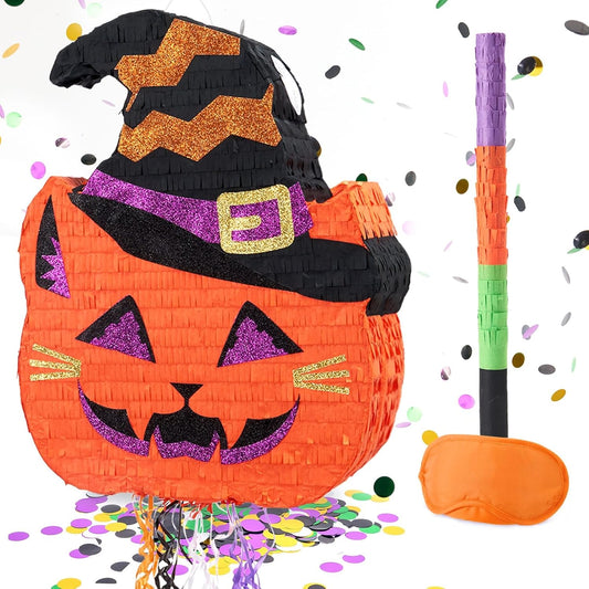 WERNNSAI Halloween Pumpkin Pinata - Halloween Pumpkin Party Decorations Black Cat Party Games for Kids Baby Hallows Eve Supply Jack O Lantern Pumpkin Design with Bat Blindfold