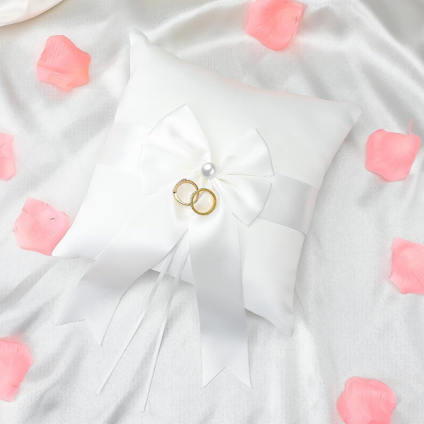 Wedding Ring Pillow Fairy Pearl Ivory Ring Bearer Cushion Bowknot Pocket Rings Bearer Pillow Holder Simple Collection of Big Bow for Wedding Party Ceremony 7.8'' x7.8''