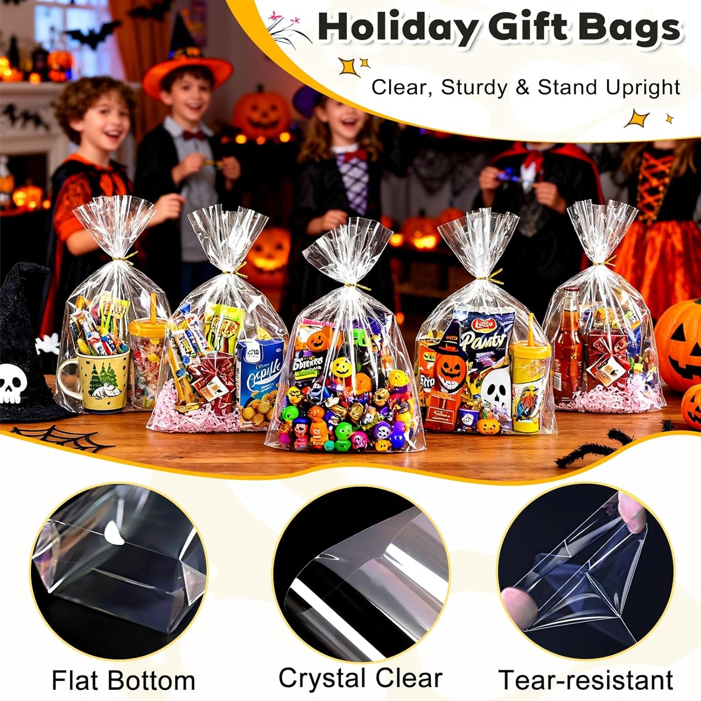PigPotParty 10"x 14", 50Pcs Bottom Gusset Bags, Clear Plastic Gift Cellophane Mug Treat Goodie Bags with 50x Twist Ties, Large Party Favor Packaging, Toy Wrapping (No Side Gusset)