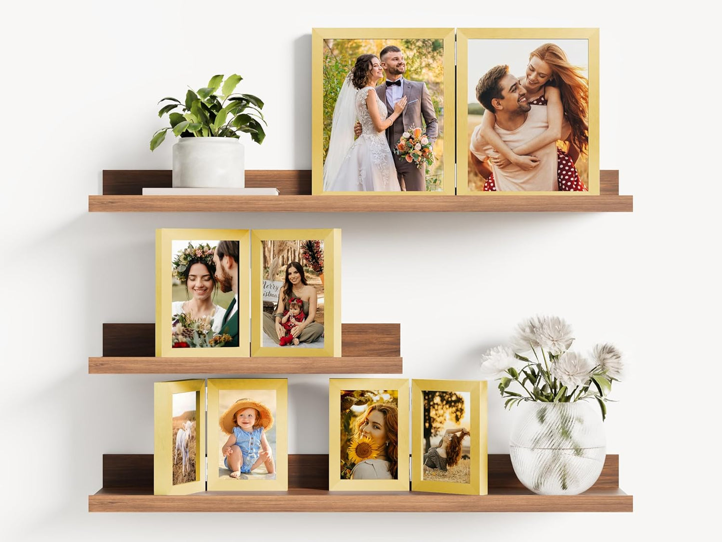 decorUhome Double 5x7 Picture Frame Vertical, Engineered Wood Bifold Photo Frame with Plexiglass for Tabletop Display, 5x7, Gold