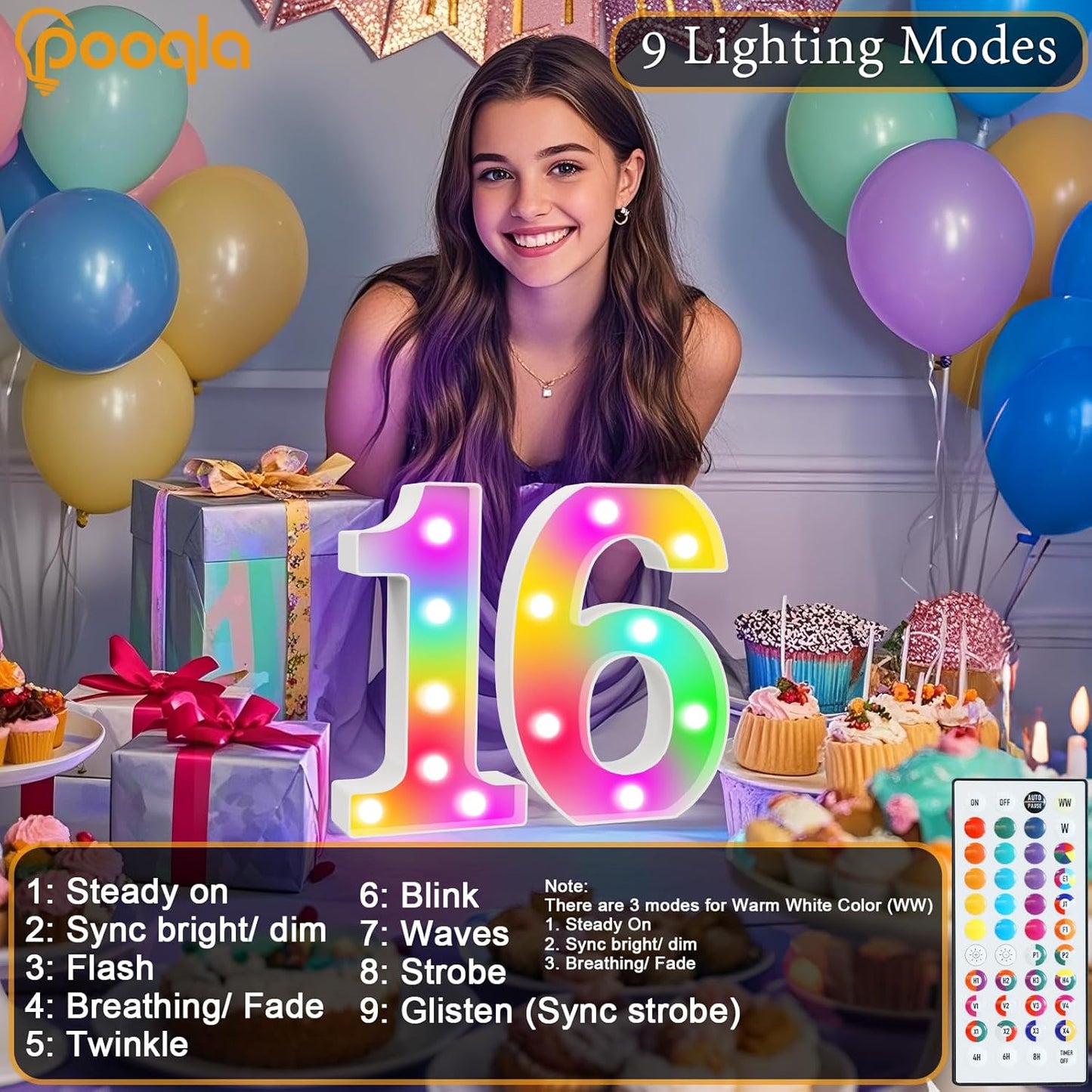 Pooqla 10th Birthday Decorations for Girls Boys, 35 Colors LED Light Up Numbers with Remote, Multicolor Marquee Numbers 10 Sign for Party Wedding Anniversary Decor 10th Birthday Gift, Number 10