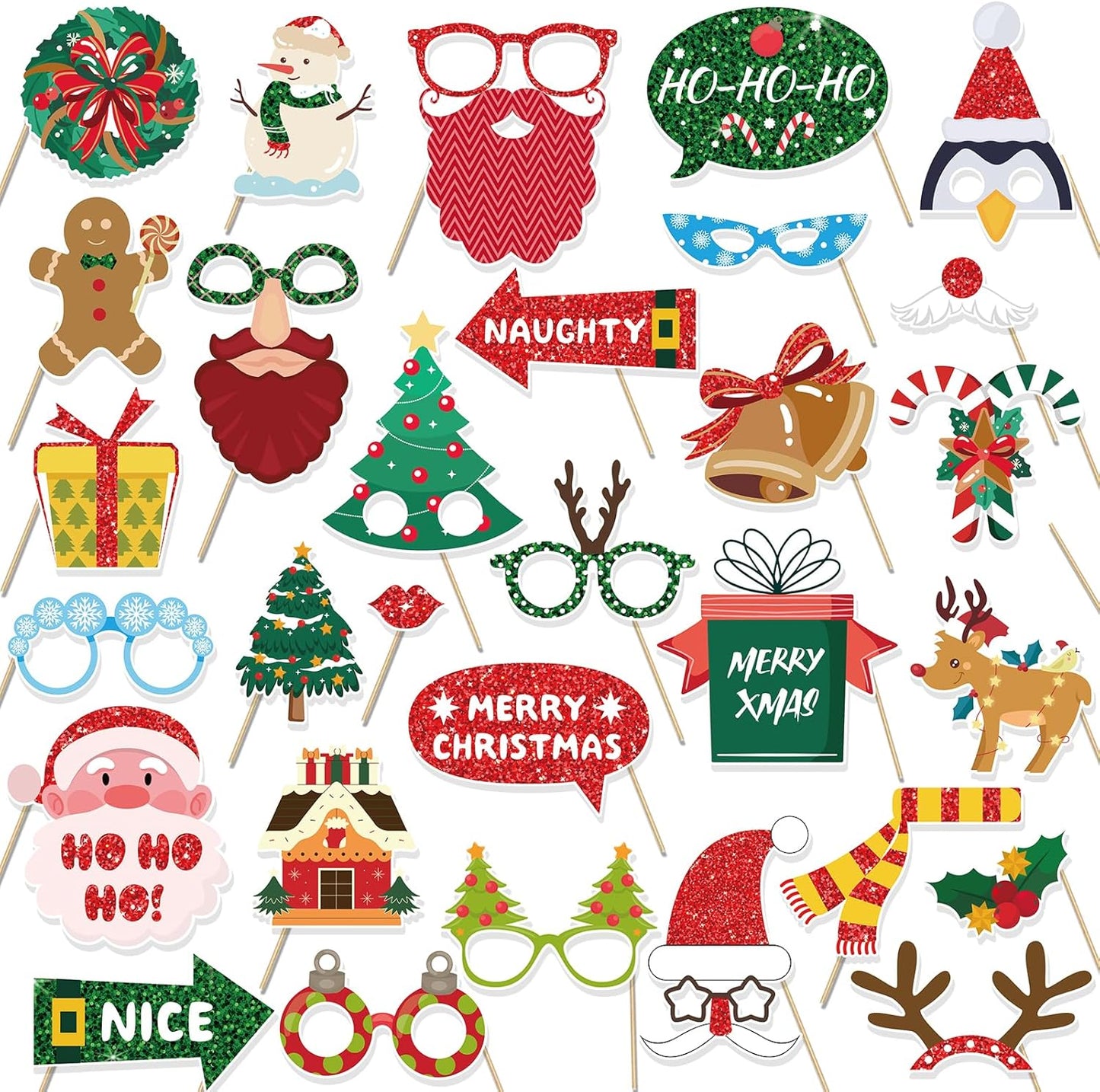 HOWAF 30 Pcs Christmas Photo Booth Props - Merry Christmas Paper Photo Frame, Funny Santa & Gingerbread Photo Props for Xmas Holiday Party Decoration, Selfie Frame Props