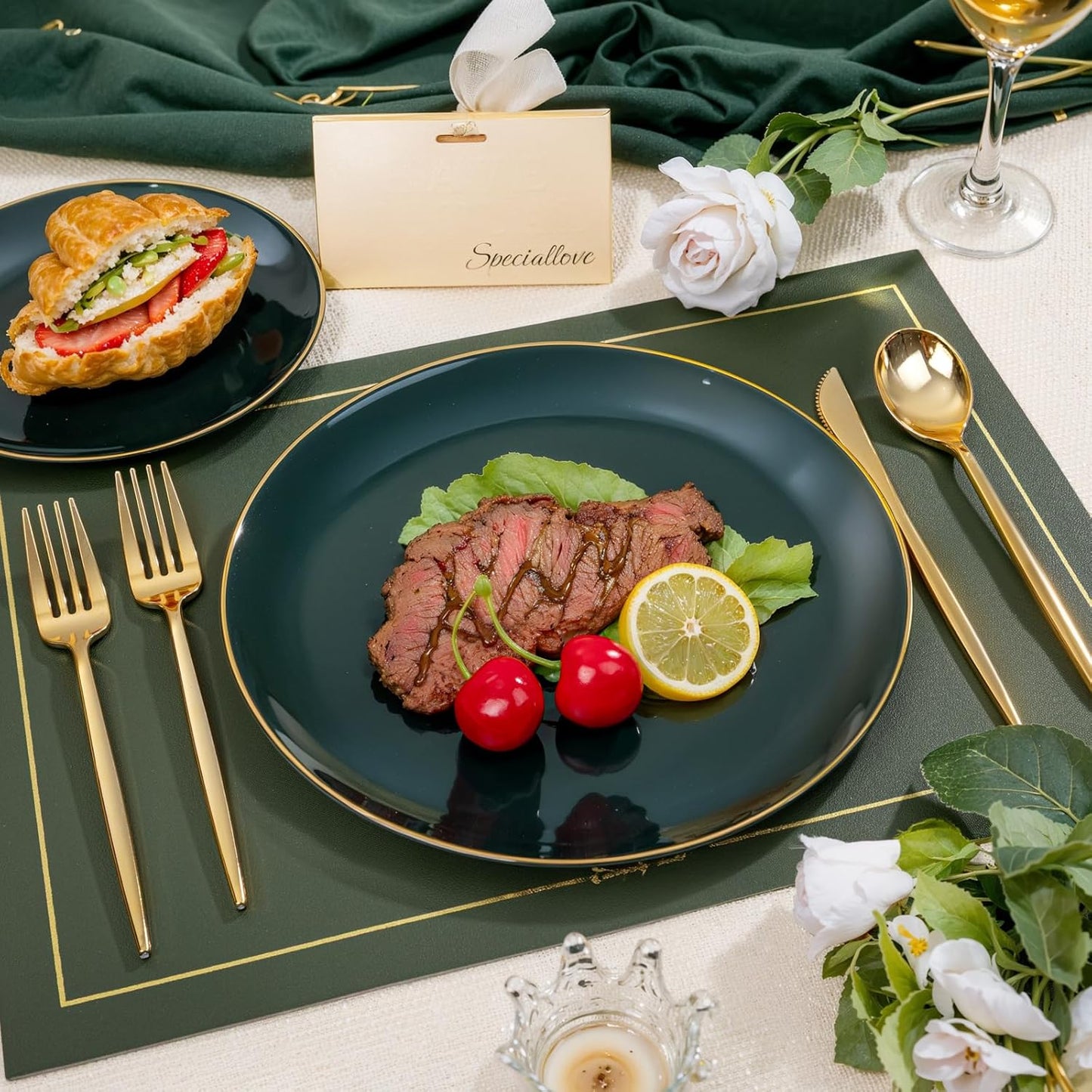 bUCLA 200PCS Green Plastic Plates - Green Disposable with Gold Rim Include 100 Dinner 10 inch & 100 Dessert 7 inch Plates, Ideal for Party & Christmas