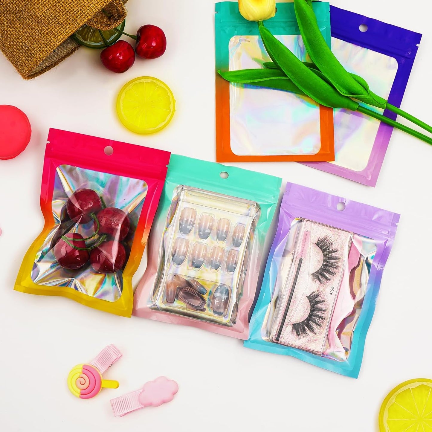 Funfery 100 Pack Gradient Holographic Bags,Mylar Resealable Bags with Zipper,Clear Window Packaging Pouchs,Smell Proof Bag for Food Storage,Sample Jewelry Bag(5.5x7.9In,Green Pink)