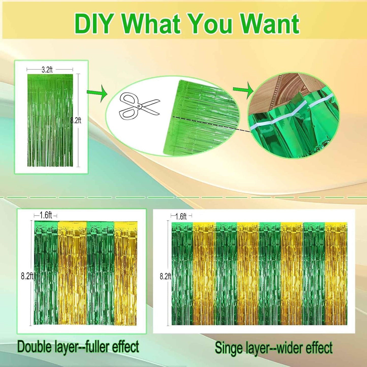 Green Gold 2025 Graduation Party Decorations - 4 Pack of 3.2x8.2ft Foil Fringe Curtains Streamers Backdrop for Birthday Graduation Party Decoration