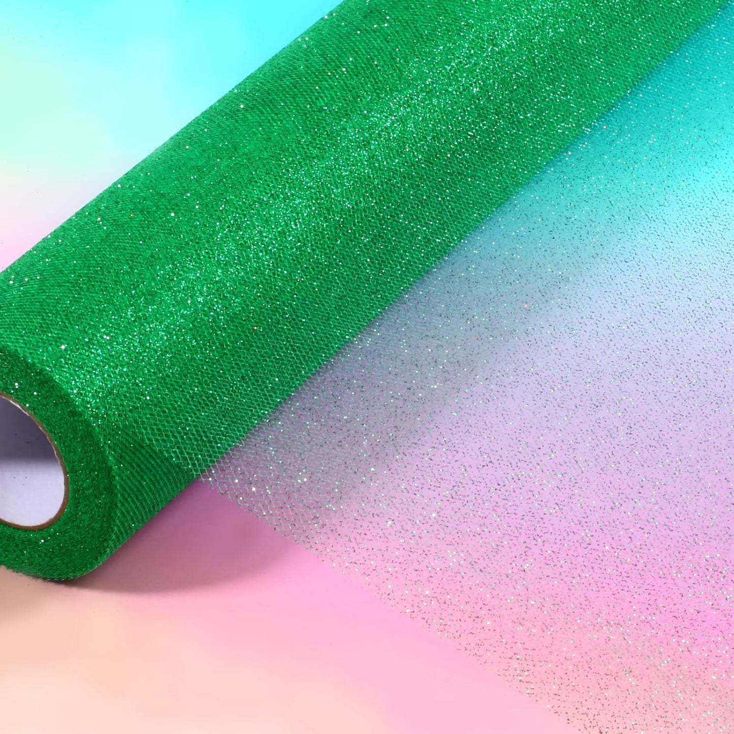 Sparkling Tulle Rolls, 15” by 30 Yards (90FT) Glitter Tulle Spool Ribbon Fabric for Wedding Birthday Bridal Shower Tutu Skirt Party Gift Wrapping(Green)