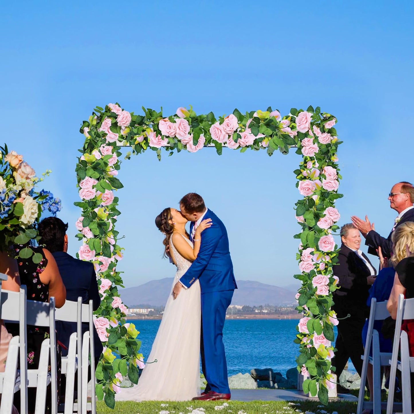 Sggvecsy 2Pcs 15.5Ft Artificial Rose Vine Fake Flower Garland Floral Garland Faux Silk Hanging Vine Rose Ivy Vines for Wedding Arch Party Wall Garden Ceremony Background Outdoor Decor (Pink)