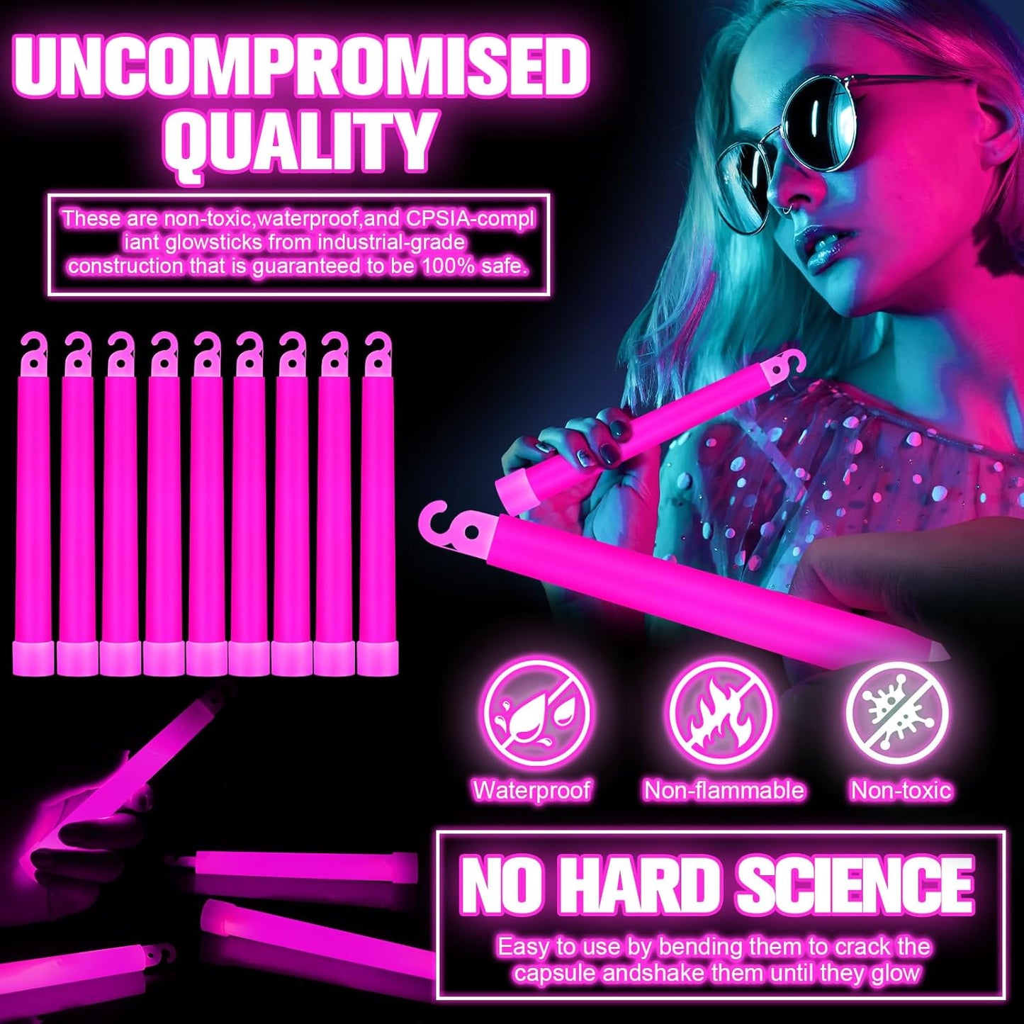 Sotiff 48 Pcs Bright 6 Inch Large Glow Sticks Bulk Emergency Glow in The Dark Sticks with 12 Hour Duration for Camping Hiking Outdoor Parties Activities Survival Storms Blackouts (Rose Pink)