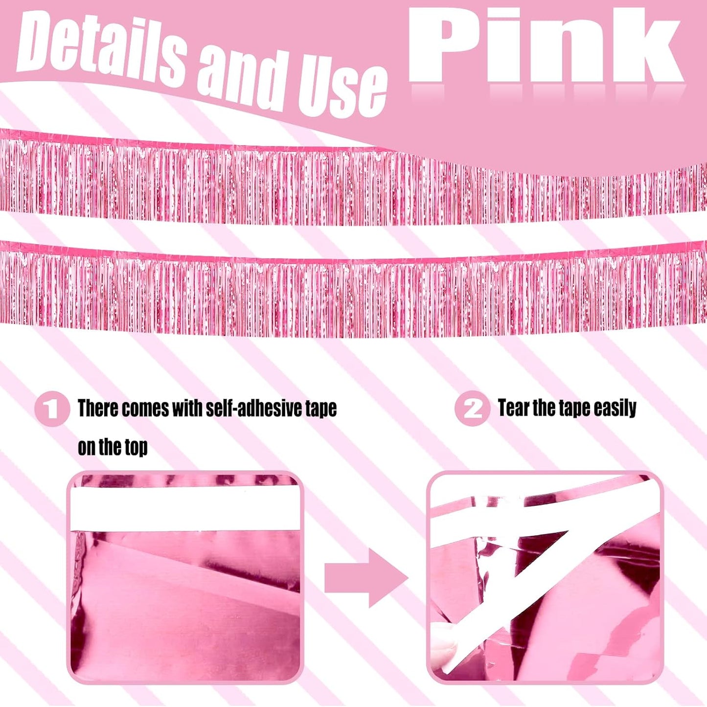 6 Pack 10 Feet Foil Fringe Garland Metallic Tinsel Streamers Banner Wall Hanging Curtain Backdrop Banner for Parade Floats, Thanksgiving, Christmas, Birthday, Halloween Party Decorations(Pink)
