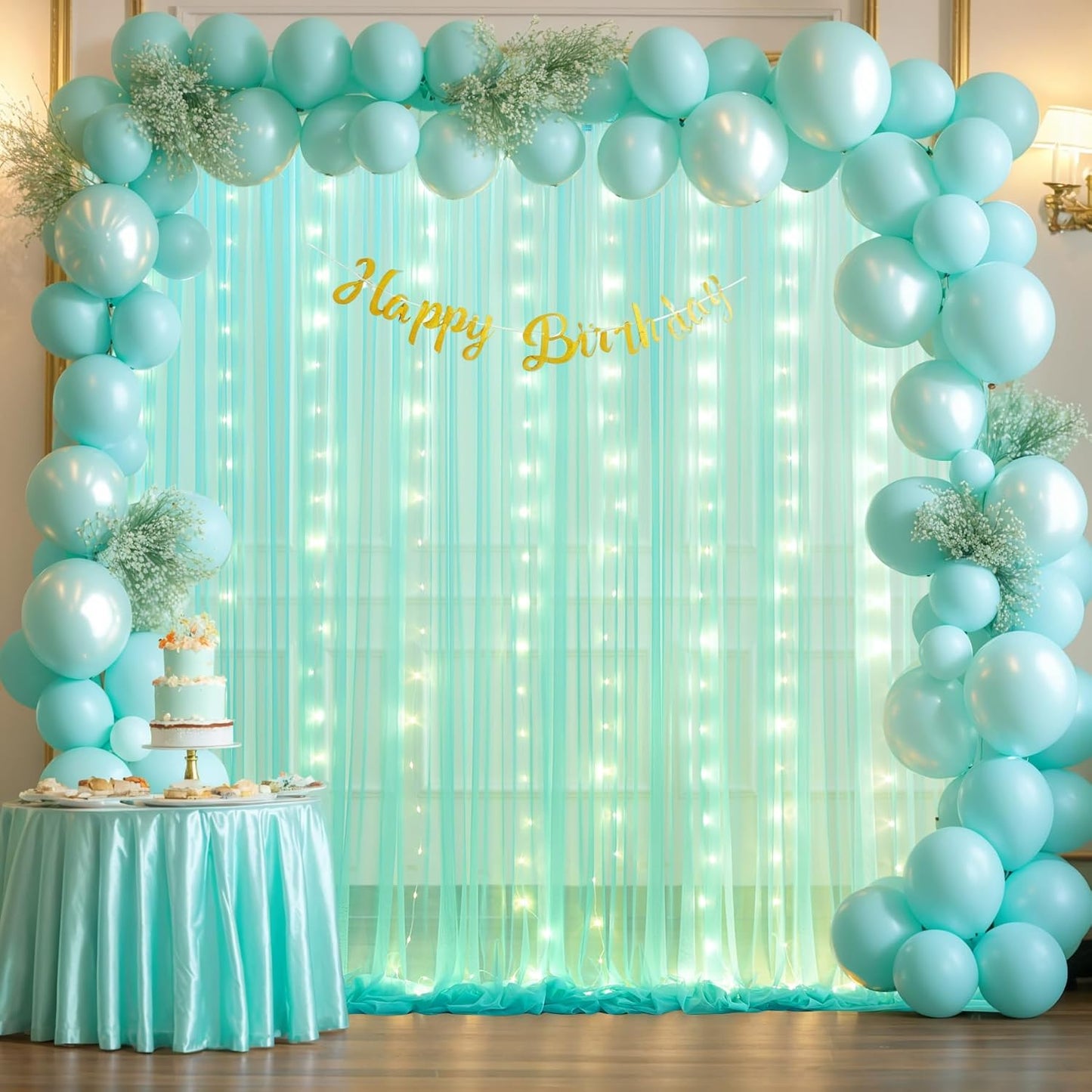 Sage Green Tulle Backdrop Curtains with Lights String for Parites 10x10ft Sheer Backdrop Curtains Drapes for Birthday Party Bridal Shower Baby Shower Christmas Wall Photo Booth Background Decorations