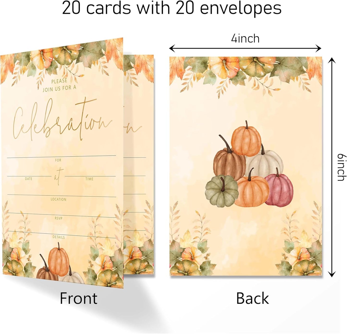 Join Us For A Celebration - Autumn Invitation Cards with Envelopes Pack of 20 (4"x6") - Pumpkin Leaf Autumn Themed Invitations for Baby Shower, Wedding, Bridal Shower, Baptism, etc.(153)