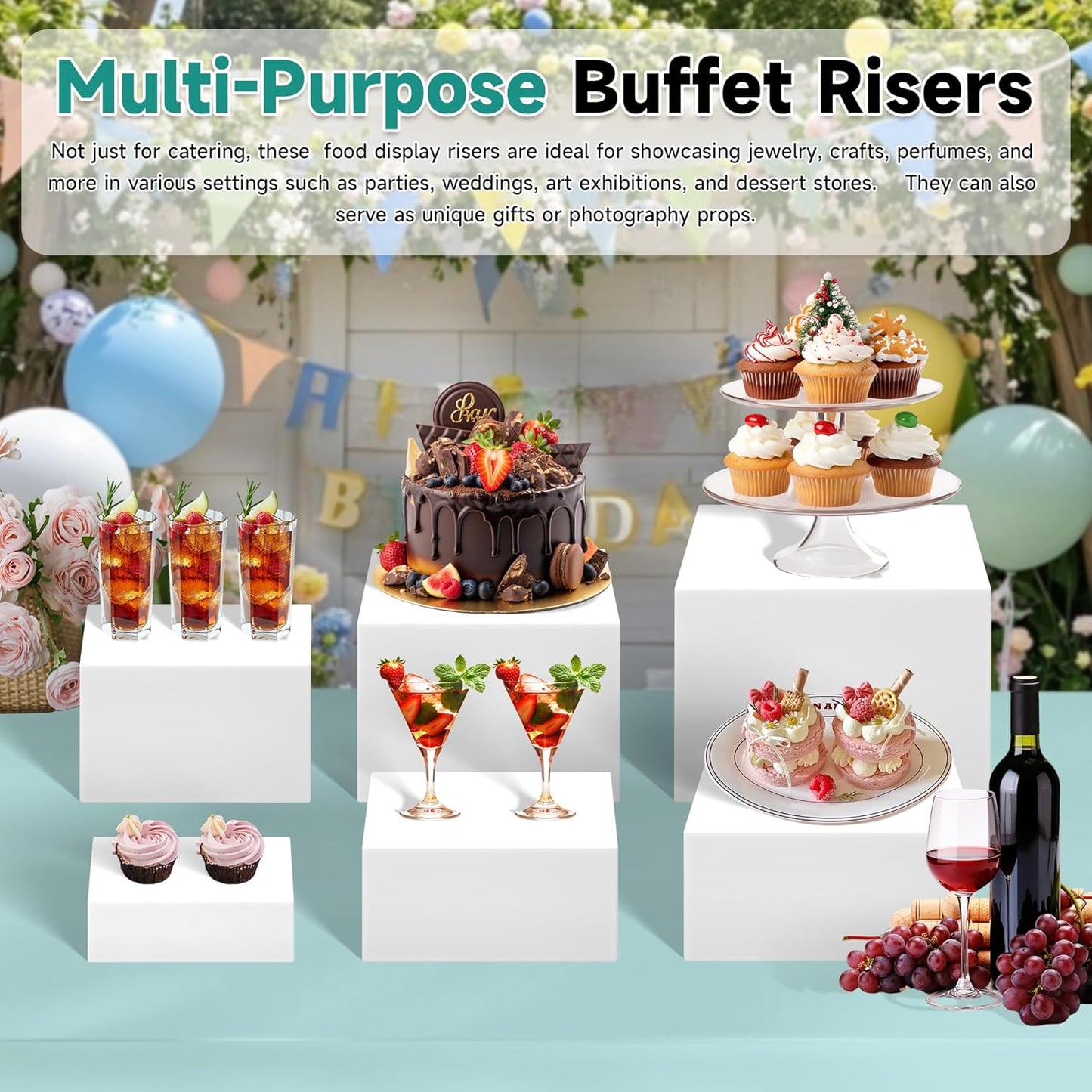 6Pcs Buffet Risers,Food Risers for Buffet Table Display Stand Shelf for Party Catering Dessert Jewelry Collectibles Acrylic Cube Boxes Display Nesting Risers (white-S(5,6,6.8,7,7.5,8)