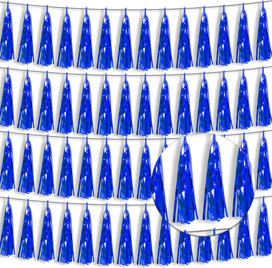 4P Blue Foil Fringe Tassel Banner Garland Metallic Tinsel Streamers Wall Hanging Curtain Backdrop Banner for Parade Floats, 2024 Graduation Decorations, Retirement Party Decoration