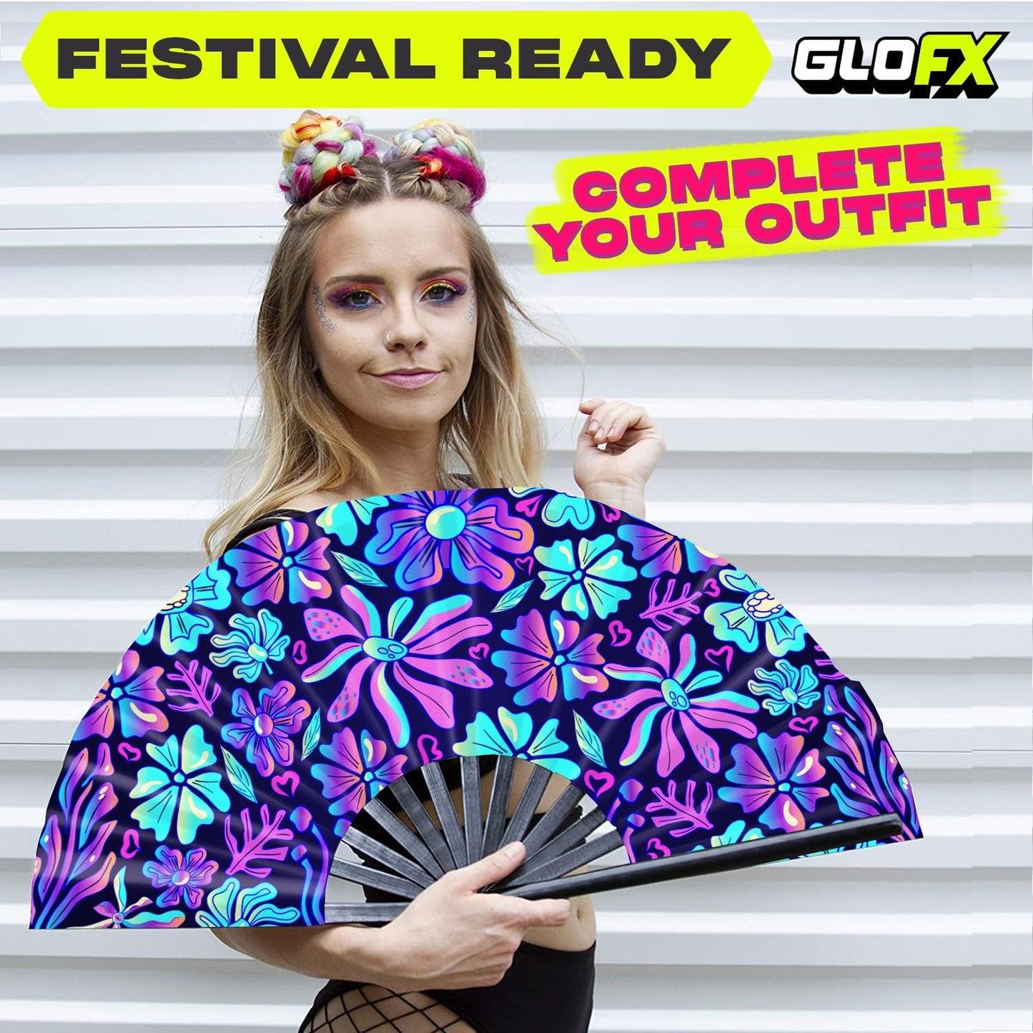GloFX UV Glow Flower Fantasy Rave Fan - Vibrant Pink, Blue, and Purple Design - Large Folding Hand Held Fan for Festival Fashion & Festival Outfits for Women