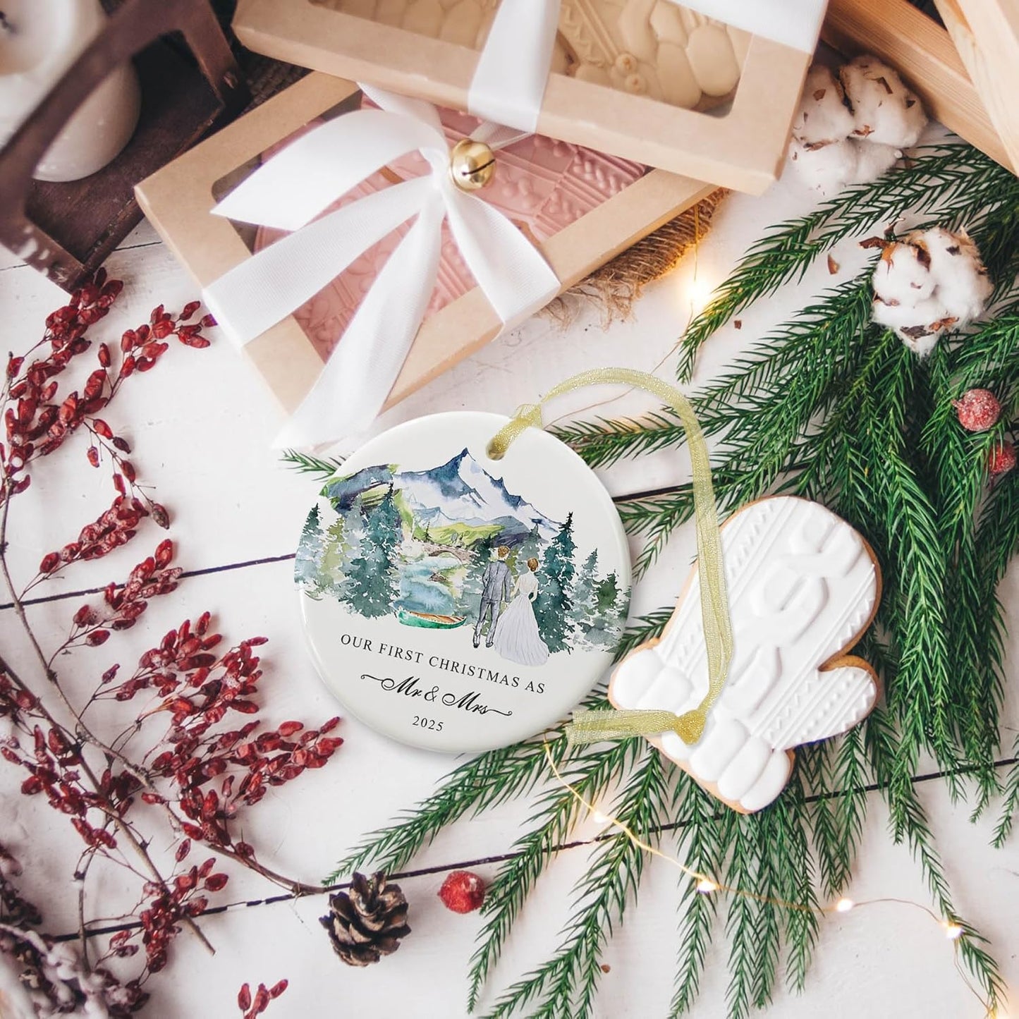 Our First Christmas Ornament Gift 2025,Just Married Ceramic Ornaments as Mr and Mrs,First Year Christmas Hanging for Couples,Newlywed Xmas Wedding Decoration with Gift Box and Card (2.9")