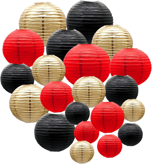 ADLKGG Paper Lanterns Decorations, Red Black Gold Hanging Round Paper Lanterns for Graduation, BBQ Party Supplies, Mickey Mouse Themed Birthday, Pirate Theme Casino Poker Party Decor Set of 21