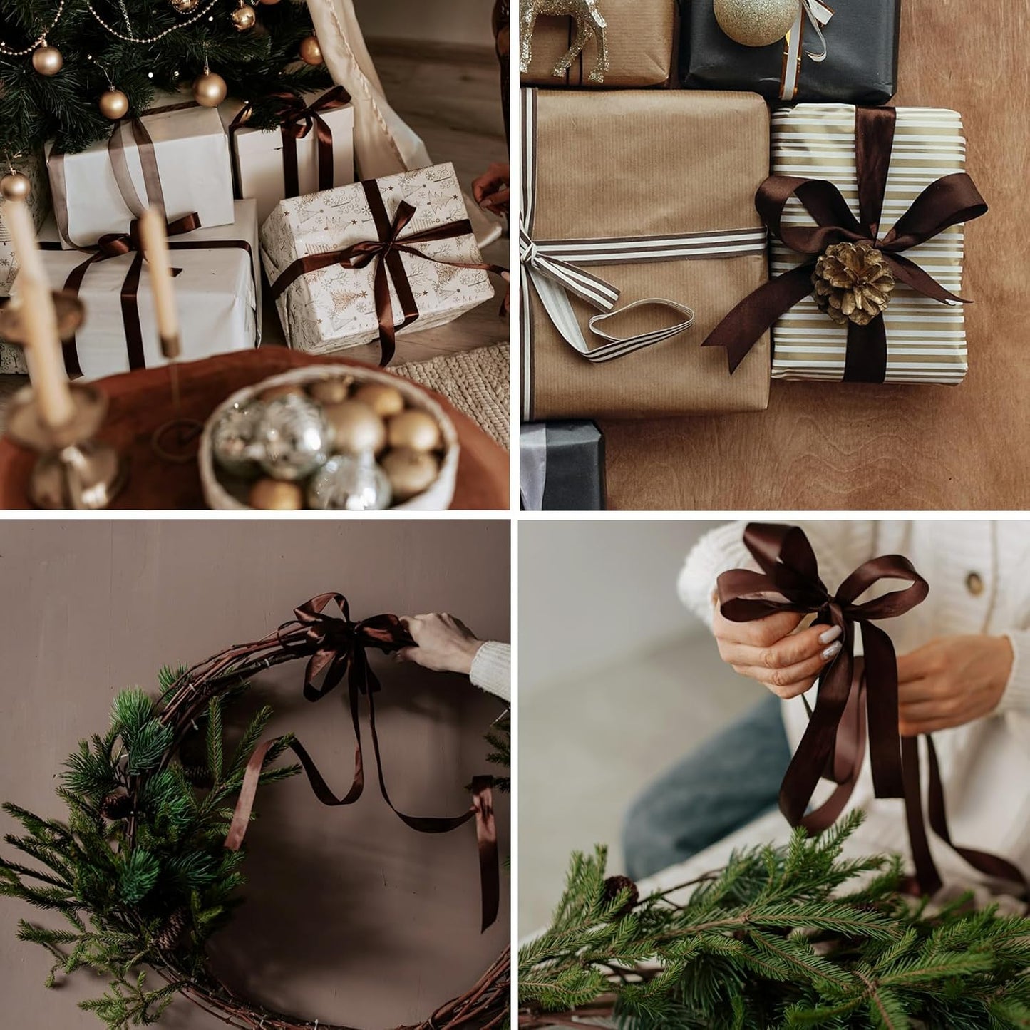 1" x 50 Yards Brown Satin Ribbon Single Faced Fabric Ribbons for Gift Wrapping, Crafting, Bows Making, Flower Bouquet, Wedding, Home Decor