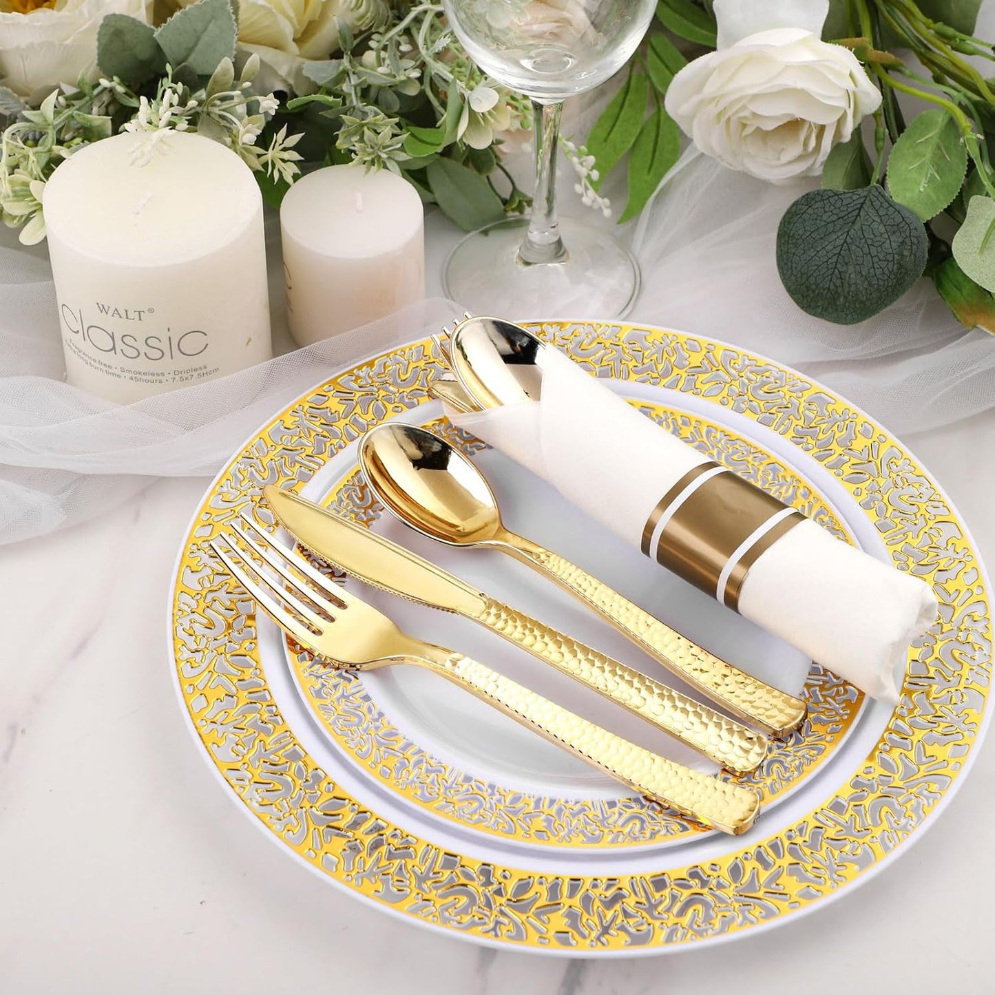 Supernal Set of 60 Wrapped Plastic Silverware Gold Pre Rolled Silverware Set Disposable,Plastic Cutlery for Parties,Disposable Cutlery Heavy Duty with Linen Napkins For Weddings Birhday