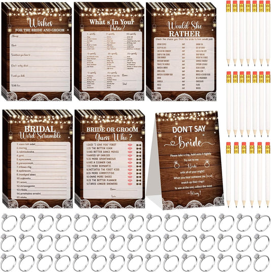 Estune 331 Pcs Bridal Shower Games Supplies, 5 Sets 250 Pcs Wedding Cards 1 Put a Ring on It Bridal Shower Games with 60 Rings and 20 Pencils(Rustic Wood)