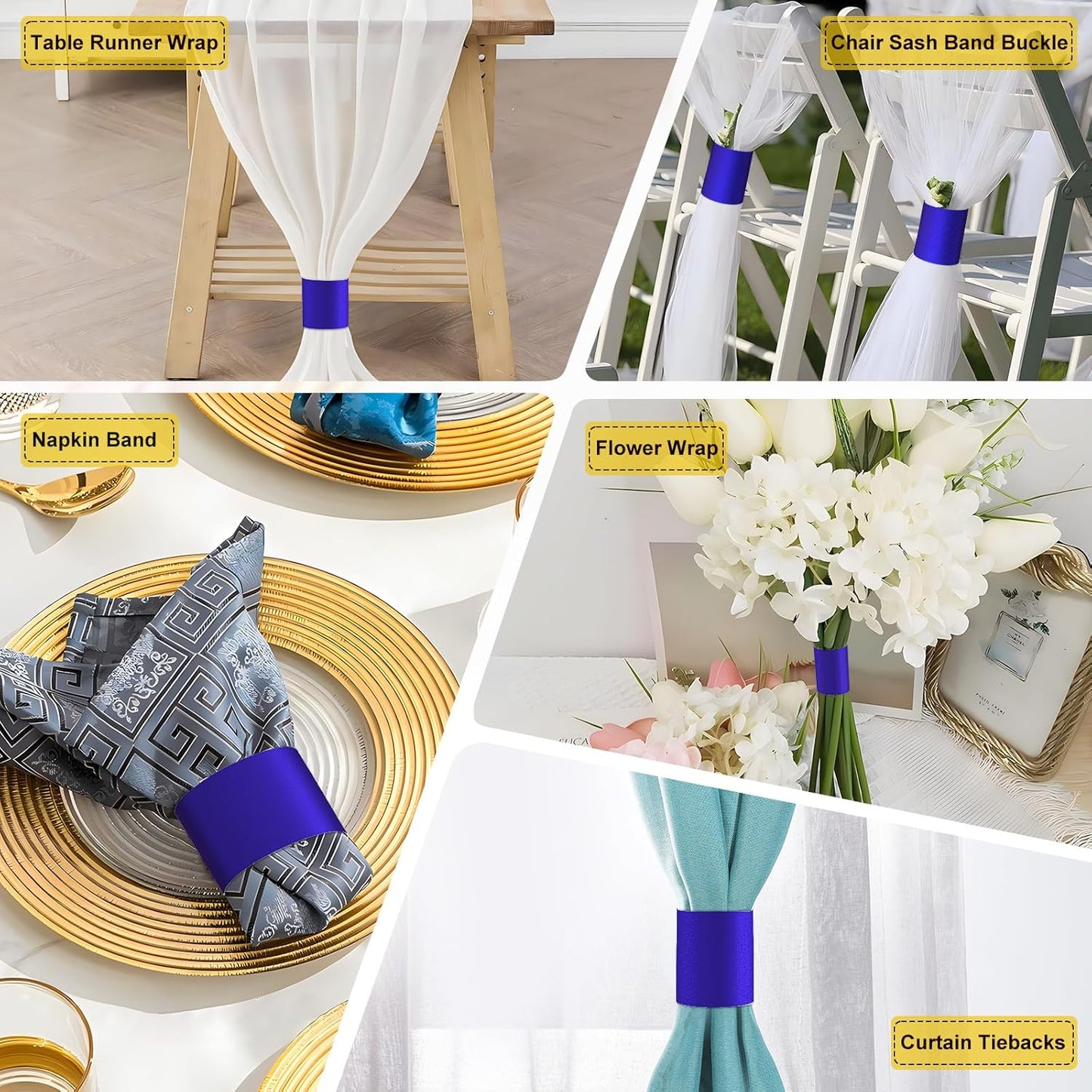 Polymer Material Reusable Napkin Band, Glue-Free Tear-Proof Water Resistant Oil-Proof Napkin Bands Set of 50(Front Blue Color and Back White), 6 Adjustable Sizes Napkin Rings