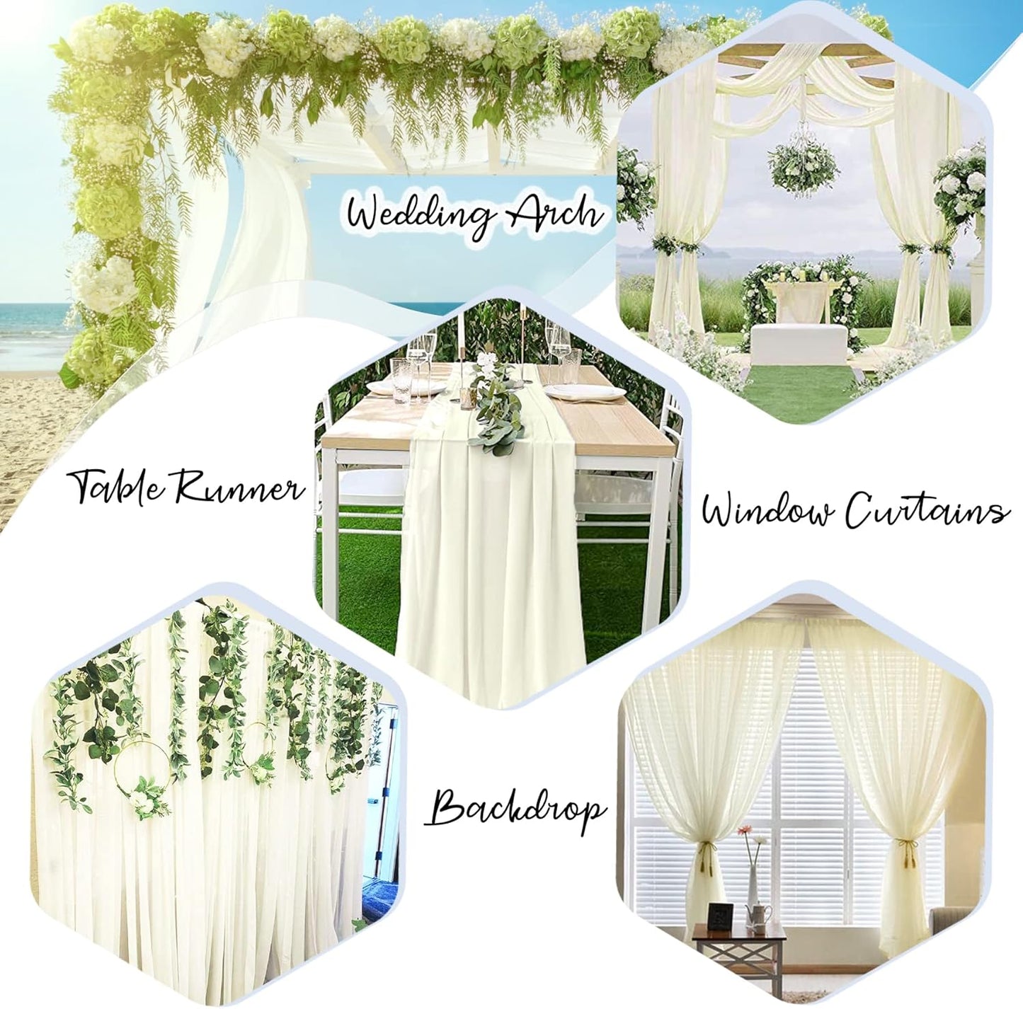 PARTISKY 10ftx7ft Ivory Chiffon Backdrop Curtains, Wrinkle-Free Sheer Fabric Photo Drapes for Wedding Ceremony Arch Birthday Baby Shower Photography Stage Decor 5ft x 7ft, 2 Panel