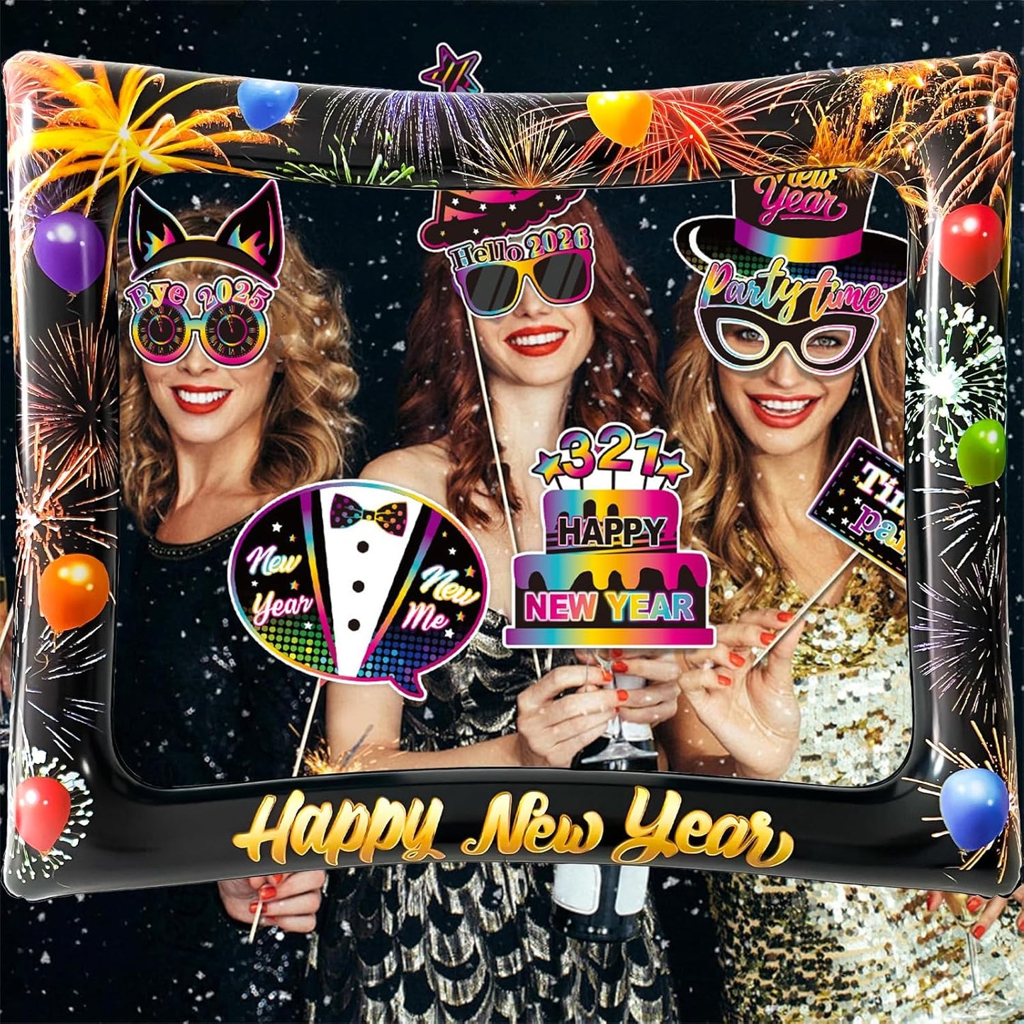 2026 New Year Photo Booth Inflatable Frame Kit, 30Pcs Fluorescent Color New Years Photo Booth Props with Inflatable Picture Frame for New Year Eve Party Selfie Props Supplies