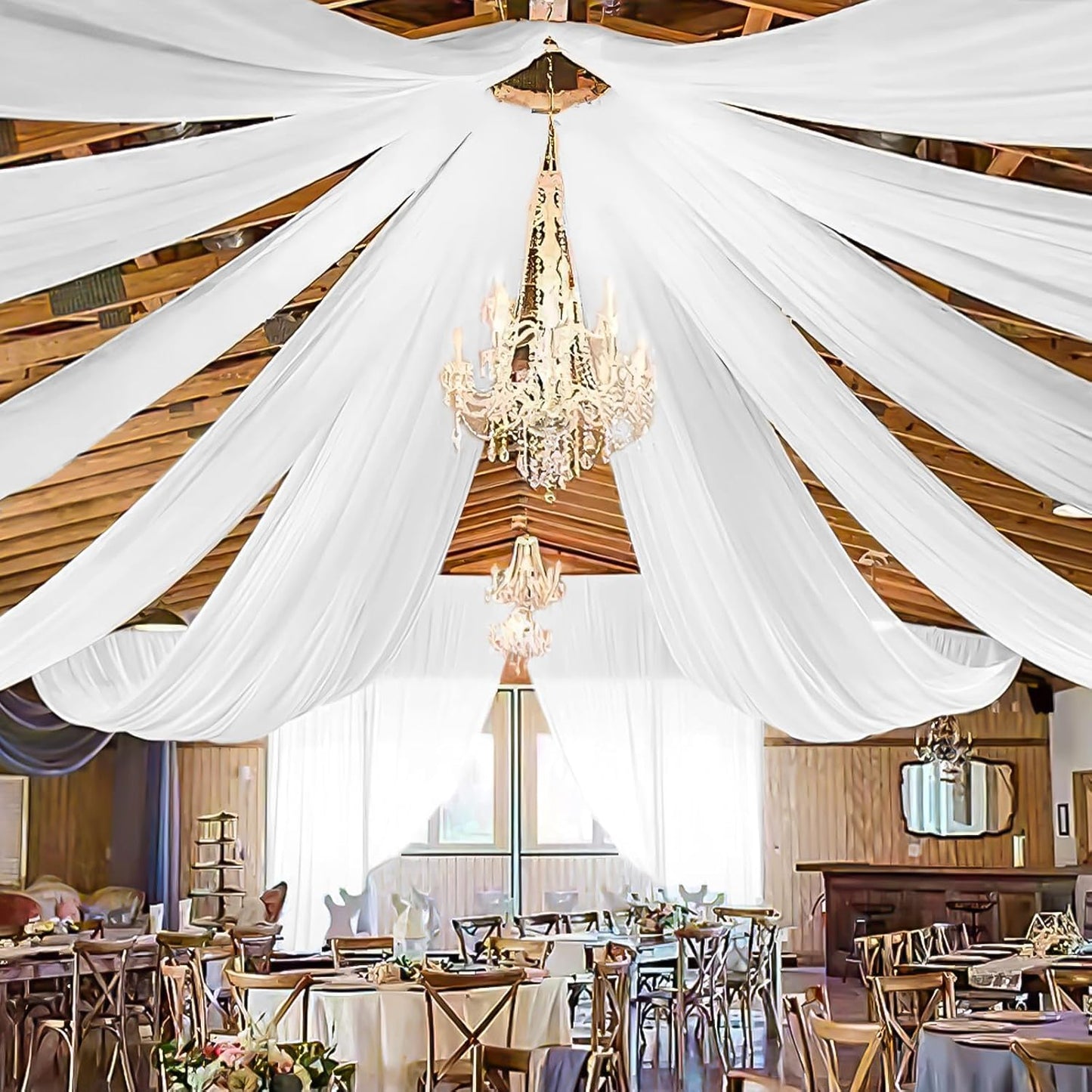 8 Panels White Ceiling Drapes for Wedding 5ftx30ft Sheer Drapery Chiffon Fabric Arch Draping Curtains for Party Ceremony Birthday Baby Shower Reception Stage Ceiling Decorations