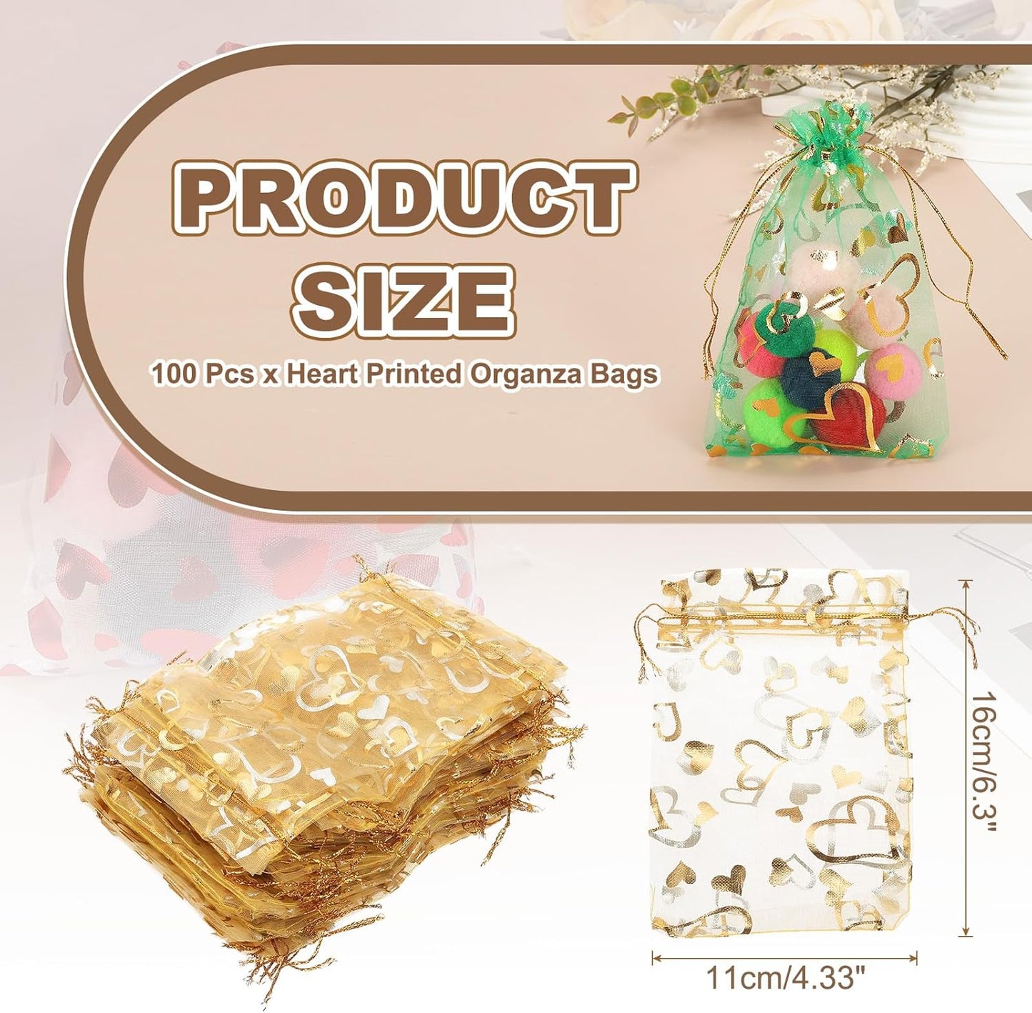 PATIKIL 100 Pcs 4x6 Inch Heart Printed Organza Bags, Gold Sheer Heart Organza Bags with Drawstring for Christmas Candy Jewelry Party Wedding Favor Gift