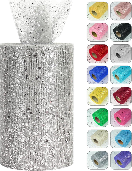 Glitter Tulle Rolls, 6” by 50 Yards (150FT) Sparkling Tulle Spool Ribbon Sequin Tulle Netting Fabric for Tutu Skirt Wedding Birthday Baby Shower (Silver)
