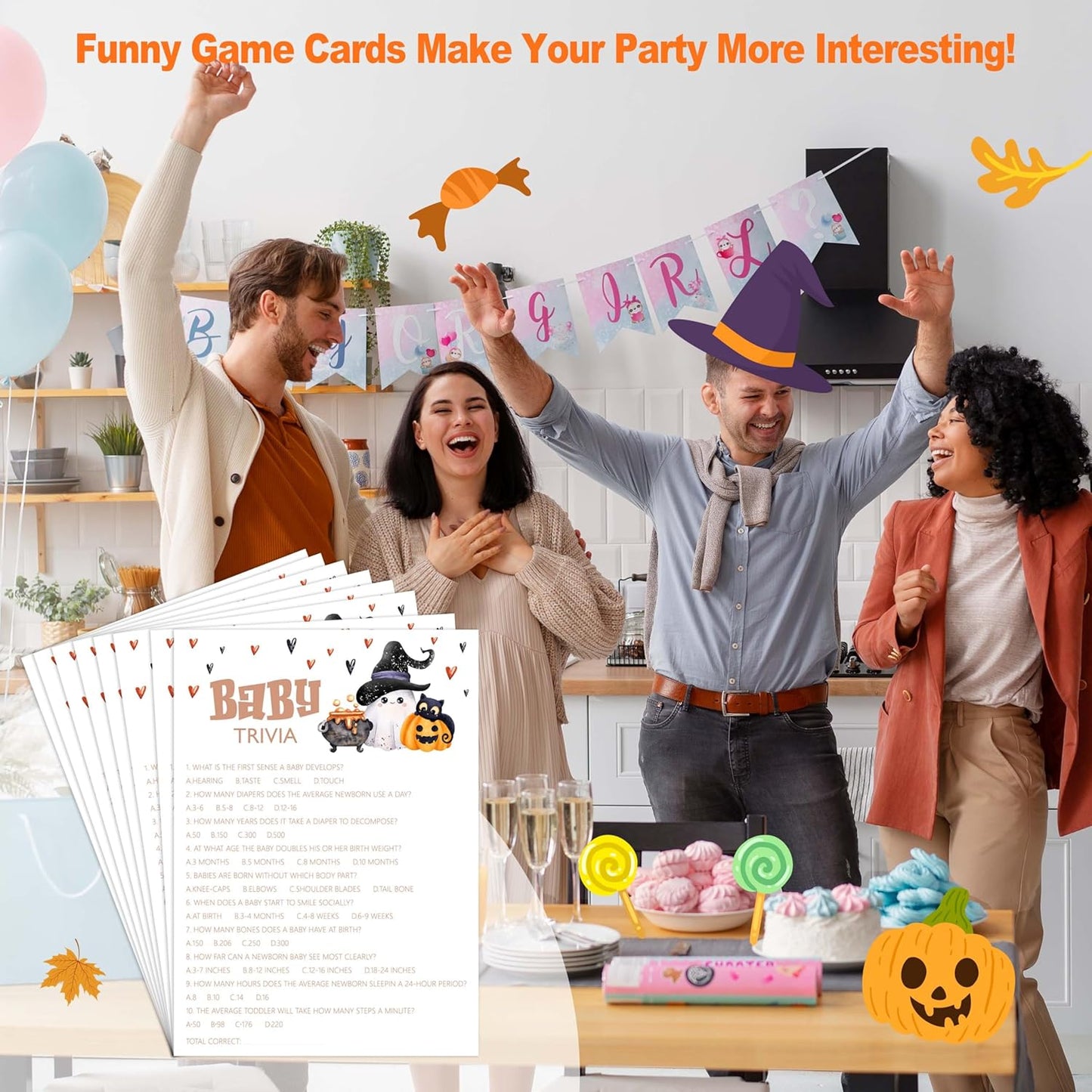 Baby Shower Games, Halloween Baby Trivia, 25 Double-Sided Game Cards + 1 Answer Card for Gender Reveal Party Decorations Supplies Announcement - B05