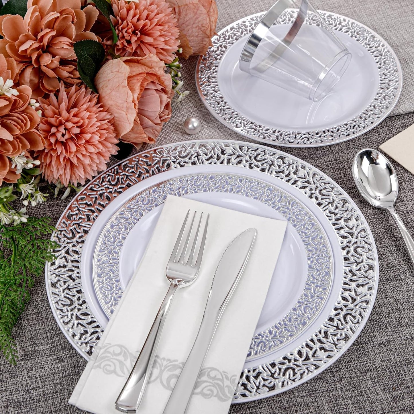 WELLIFE 210pcs Dinnerware Set - Silver Rimmed Plastic Plates Disposable Heavy Duty, Disposable Plastic Plates with Silver Rim, Water-proof, Break-proof, Best Choice for Any Party