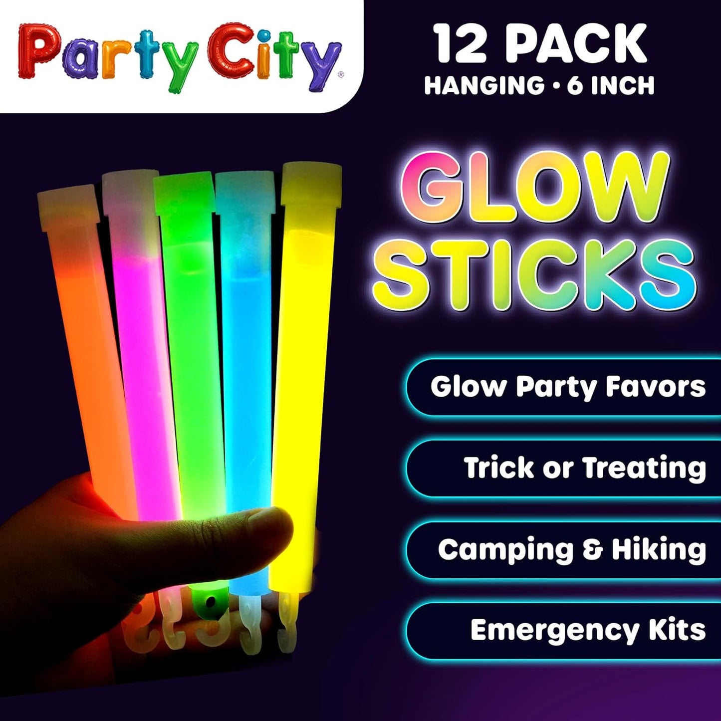 Party City Multicolor Glow Sticks Bulk Pack 6”- 12pk Glow in the Dark Sticks for Kids, Waterproof Camping Survival Ultra Bright Emergency Light Stick with String, Neon Glowsticks Party Supplies Favors