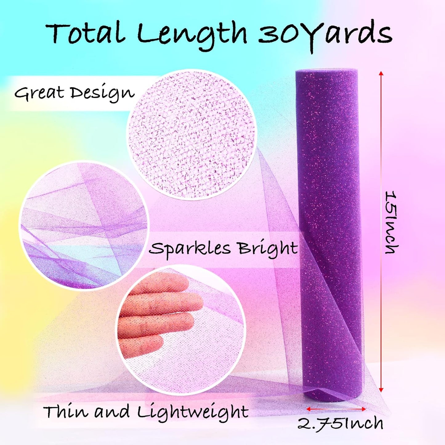 Sparkling Tulle Rolls, 15” by 30 Yards (90FT) Glitter Tulle Spool Ribbon Fabric for Wedding Birthday Bridal Shower Tutu Skirt Party Gift Wrapping(Purple)