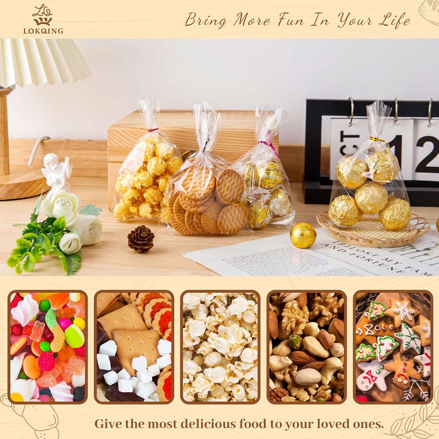 LOKIQNG Cellophane Bags Plastic Treat Bag Clear Cookie Candy Bags with Twist Ties for Party Favor Bag(100PACK,4x6inch)