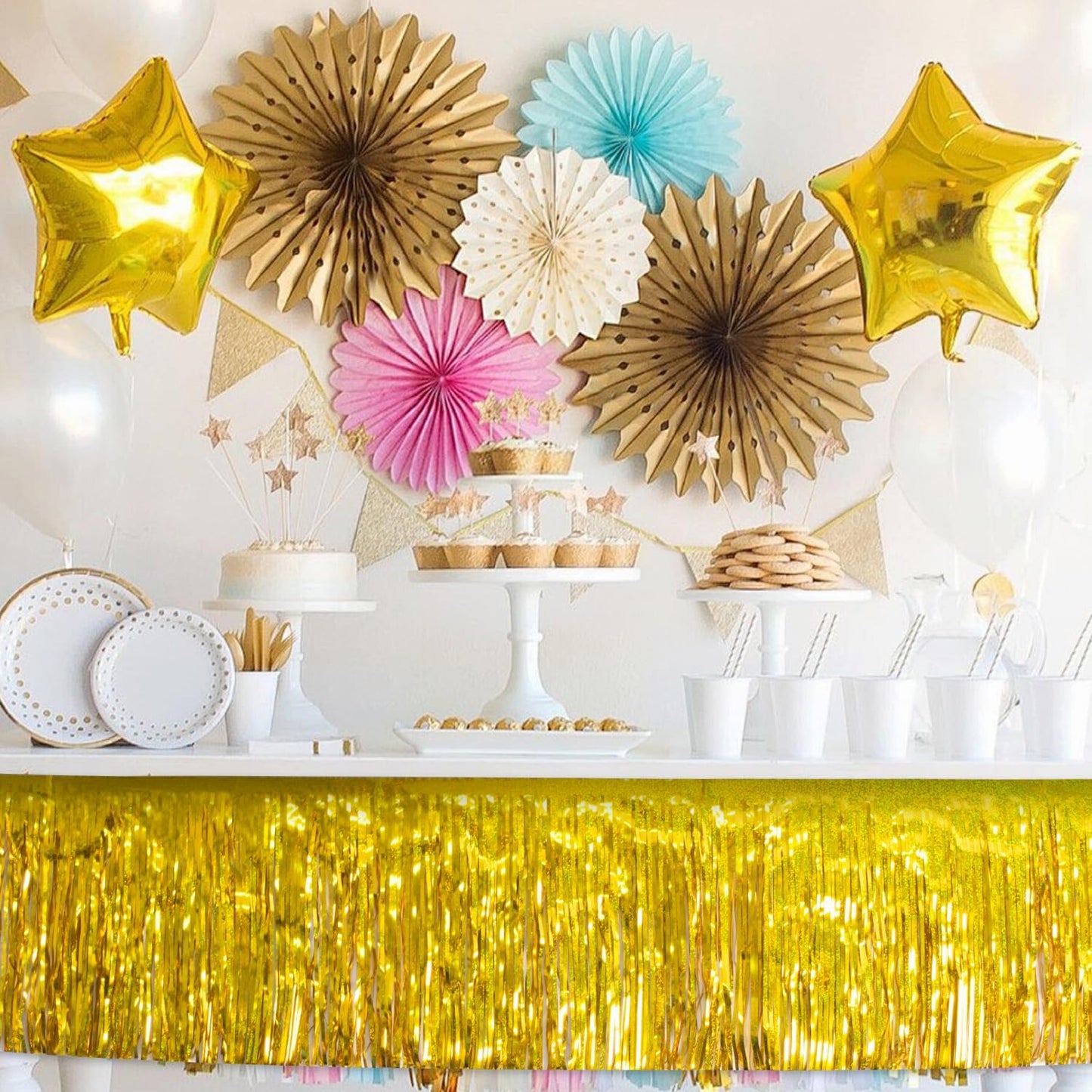 Laser Gold Christmas Decorations Tinsel Garland Parade Float Decorations for Trailer 4Pack 12FT Christmas Party Decor Ceiling Fringe Banner Gold Backdrop for Streamers Party Decorations