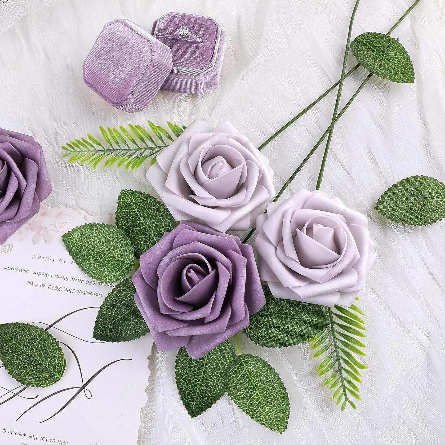 AmyHomie 25pcs Real Looking Artificial Pale Lavender Roses w/Stem for DIY Wedding Bouquets Centerpieces Arrangements Party Baby Shower Home Decorations