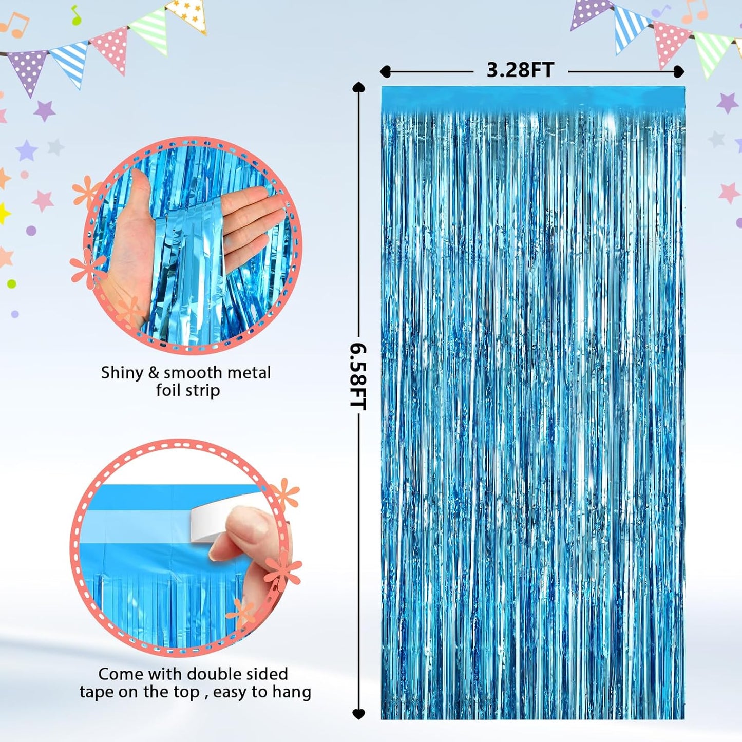 GCB 2Pack Blue Metallic Tinsel Foil Fringe Curtains, Blue Door Streamers Photo Booth Backdrop for Birthday Party, Tinsel Curtain Backdrop for Baby Shower Bachelorette Xmas Party Decorations