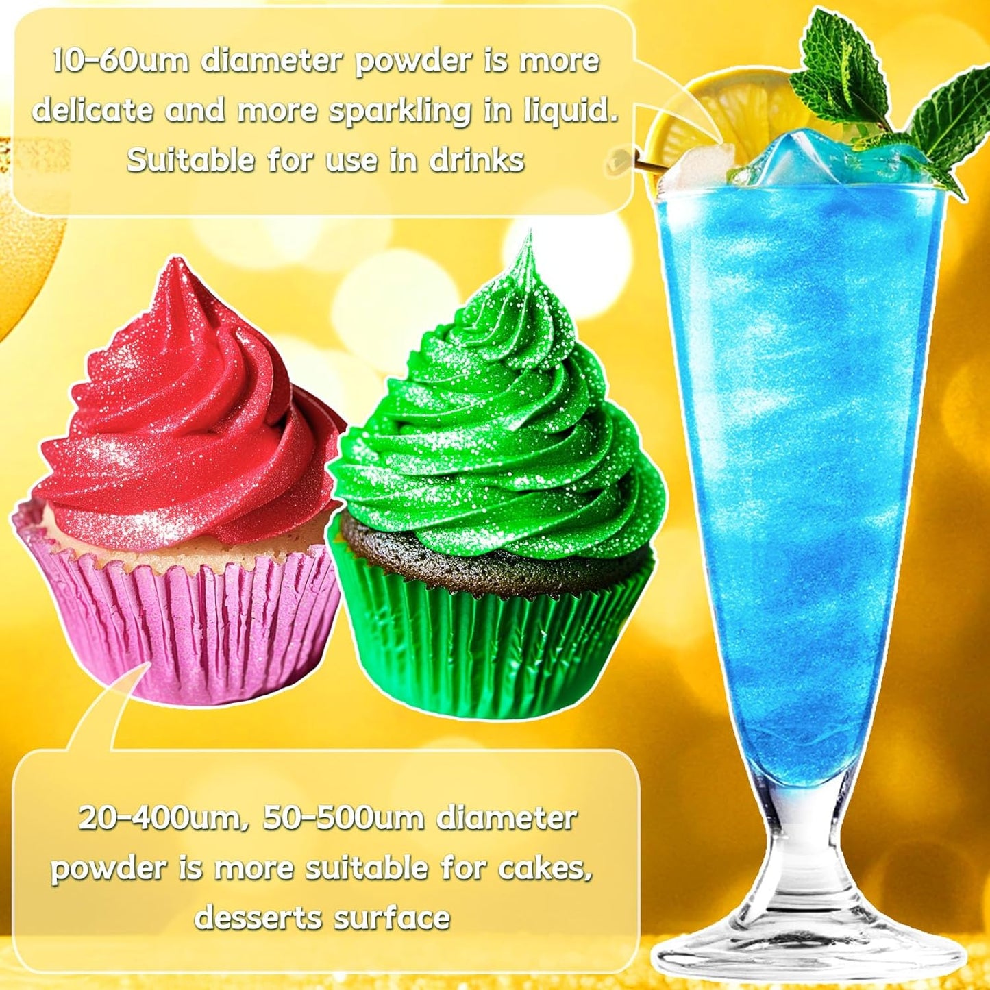 Edible Glitter - 15 Popular Colors Edible Glitter for Cocktails, Food Grade Luster Dust, Iridescent Shimmer Powder for Cake Decorations, Drinks, Baking, Dessert - 3 Particle Sizes - 5g/Bottle