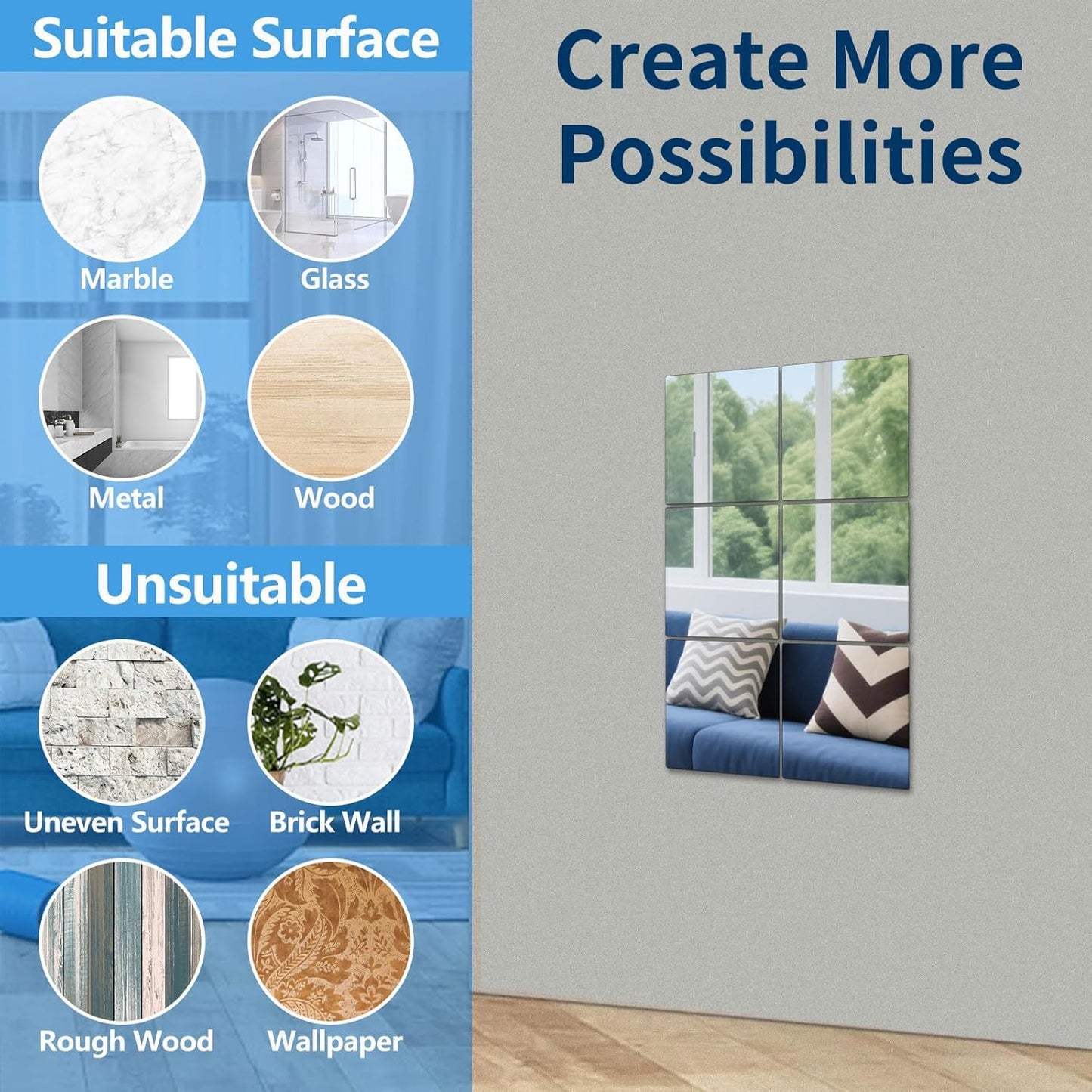 Unbreakable Acylic Small Mirror Tiles for Kids, (6-Pcs 8x8 Inch) Plastic Mirrors for Wall, Stick on Mirrors for Small Decorative Mirror, Shatterproof Peel and Stick on Miroir Tiles for Wall Decor