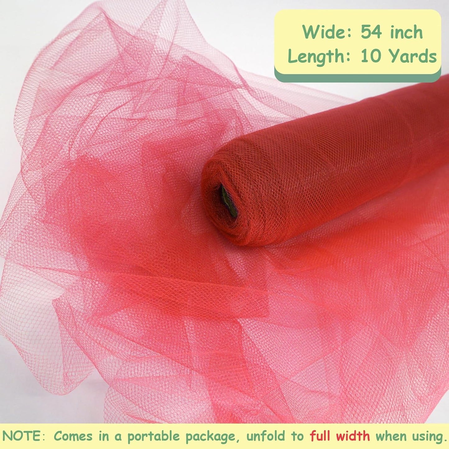 Red Tulle Fabric Roll, 54 Inch by 10 Yards (30 ft) for Wedding Party Decoration Spool Bolt, Ceiling Decor, Tutu Skirt, Gift Wrapping, Soft & Drape (Red)