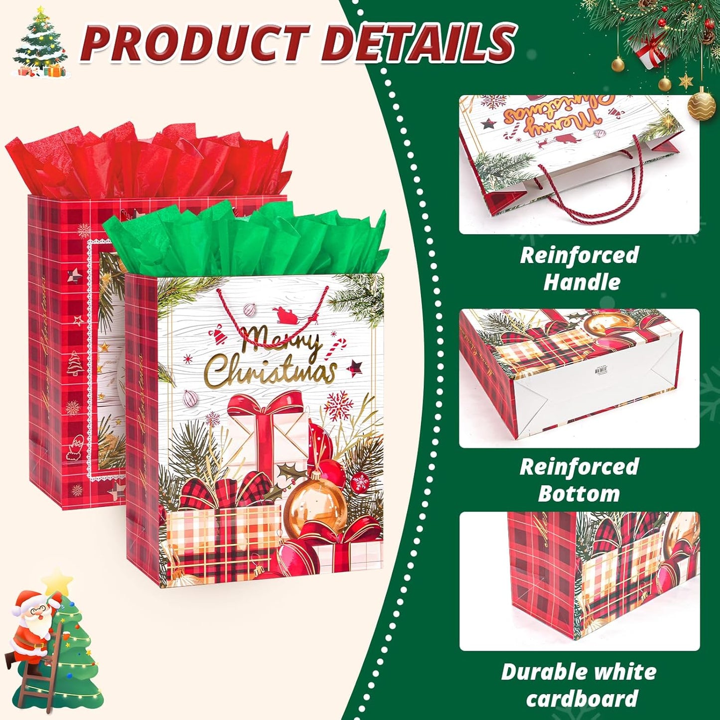 LYLIN 4Pcs 16" Large Christmas Gift Bags with 8 Tissue Papers, Reusable Christmas Tote Bags with Handles, Bulk Xmas Treat Bags for Wrapping Gifts, Party Favors and Holiday Decor