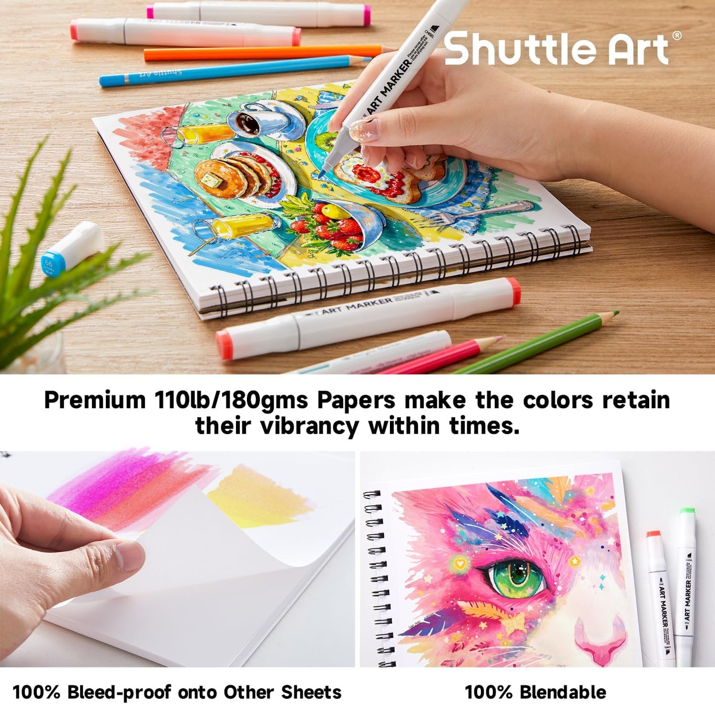 Shuttle Art Marker Pad, 8.9”x8.3” Portable Sketchbook, 40 Sheets Marker Drawing Paper, 110LB/180GSM Smooth Surface Bleedproof Art Paper, Spiral-Bound, Great for Beginners to Draw, Paint & Sketch