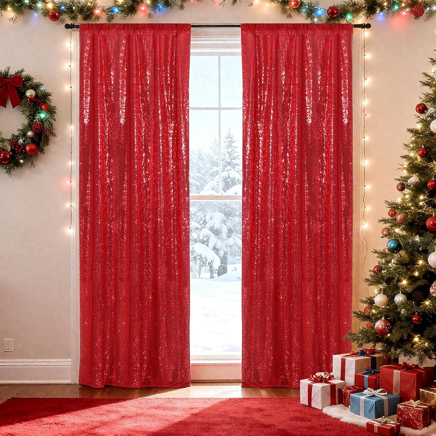 SquarePie Sequin Backdrop Curtain Non-Transparent Sparkly Background for Christmas Wedding Party 2FT x 8FT Red 2 Panel