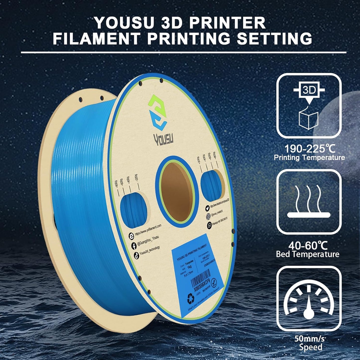 YOUSU 3D Printer Filament 1.75mm PLA Filament Glow in Dark PLA Filament for 3D Printing Filament 1kg(2.2lbs) Spool,Blue