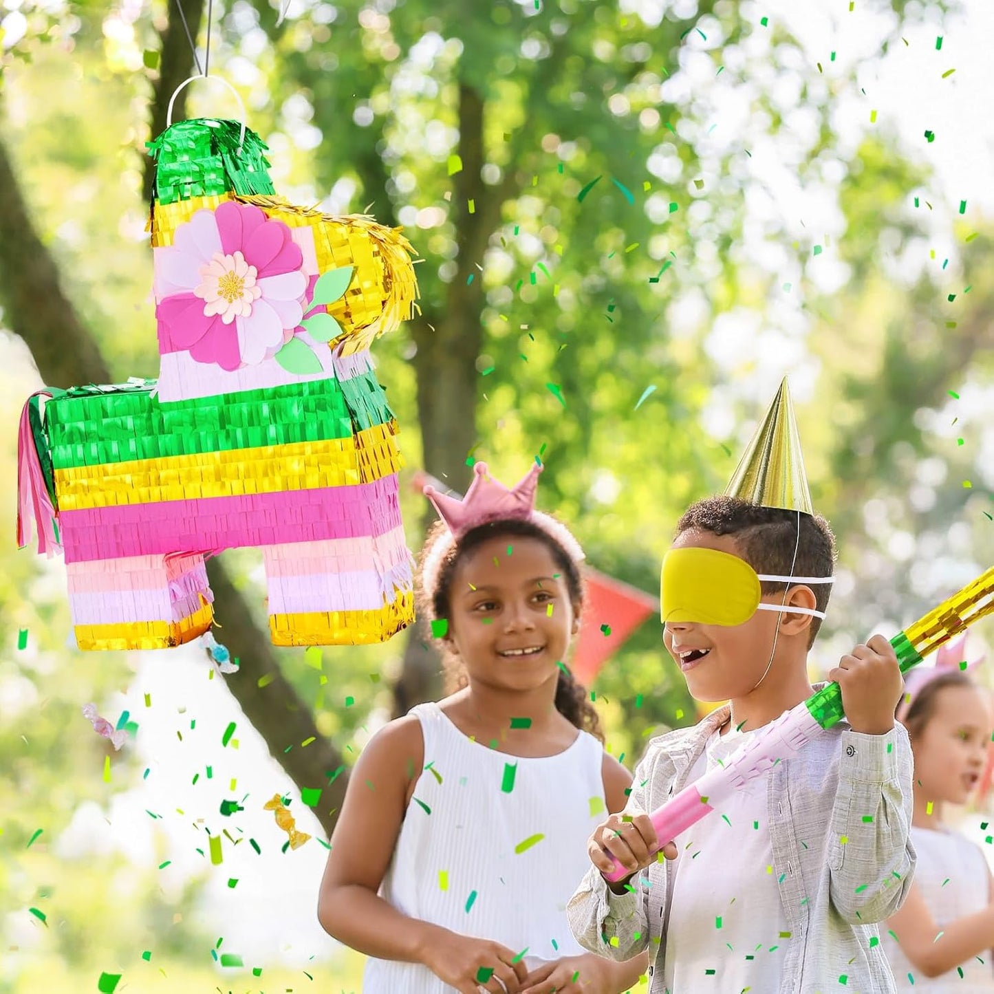 WERNNSAI Hawaiian Donkey Piñata - Rainbow Donkey Pinata for Summer Party Supply Cinco De Mayo Luau Carnivals Favor Mexican Fiesta Party Decorations with Blindfold&Bat