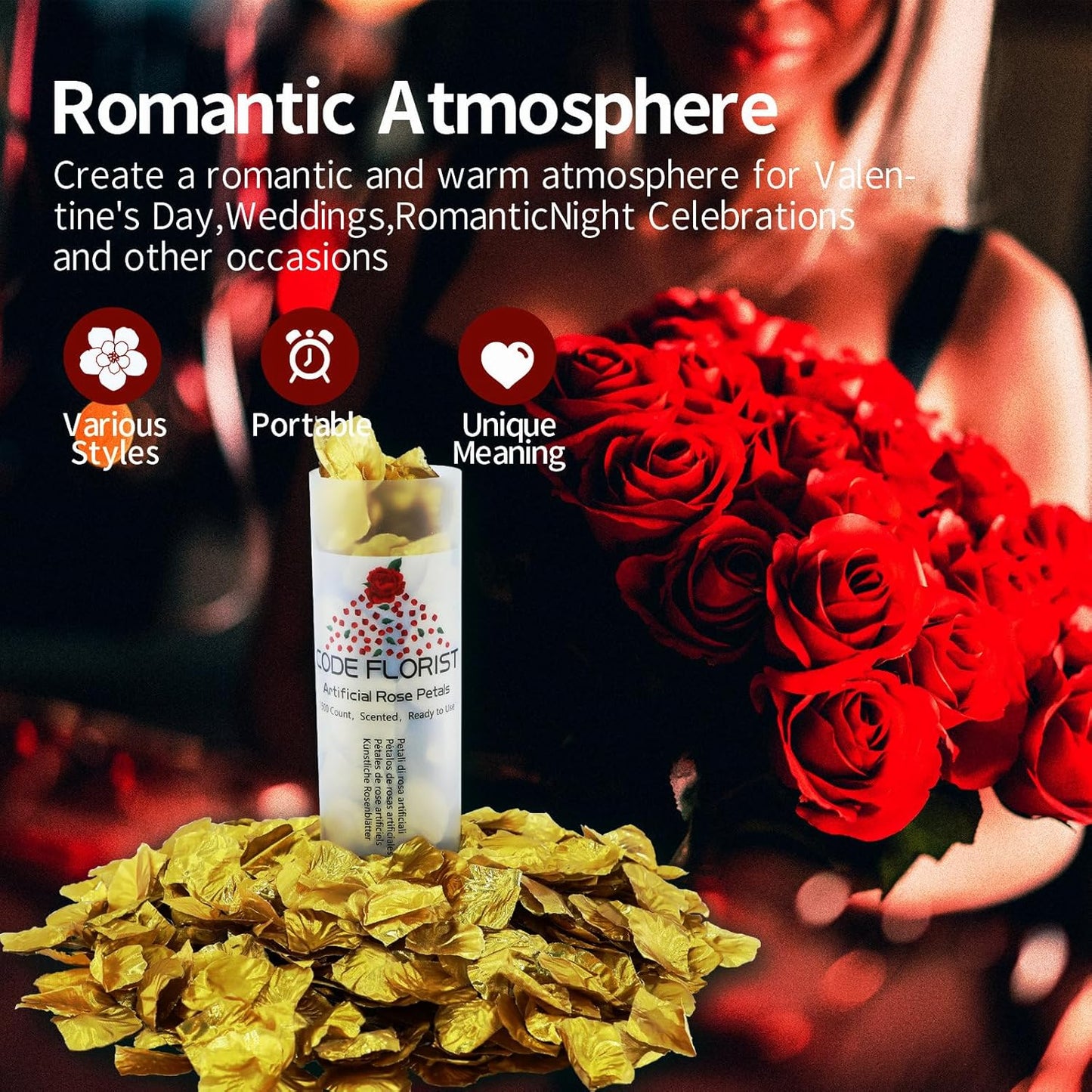 CODE FLORIST 1100 PCS Silk Rose Petals for Valentine's Day,Fake Rose Petals for Romantic Night,Wedding,Proposal Anniversary Flower Decorations(Separated,Scented,Gold)