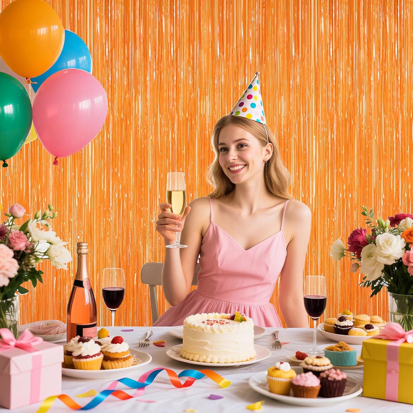 2Pack Orange Backdrop Curtains, Orange Tinsel Backdrop, Metallic Party Streamer Fringe Curtains, Foil Curtains Birthday Party, Curtain Backdrop for Baby Shower Bachelorette Xmas Party Halloween Decors