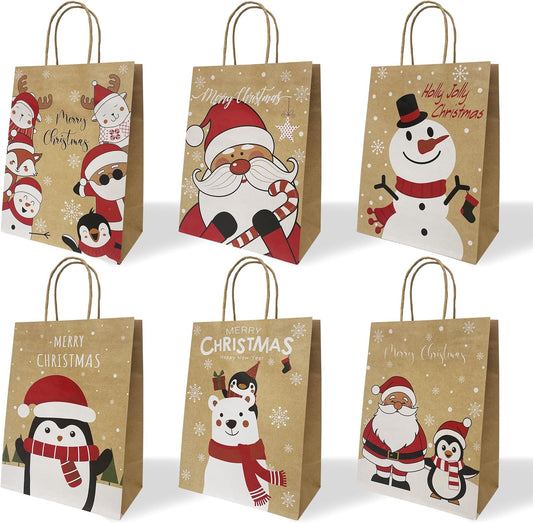 HSMOK 24PCS Christmas Gift Bags with Handles – 6 Festive Designs Medium Holiday Kraft Paper Bags for Kids, Adults, Party Favor, Treat, Goodie, Shopping, Xmas Decorations, 7.08x3.5x8.86 Inch